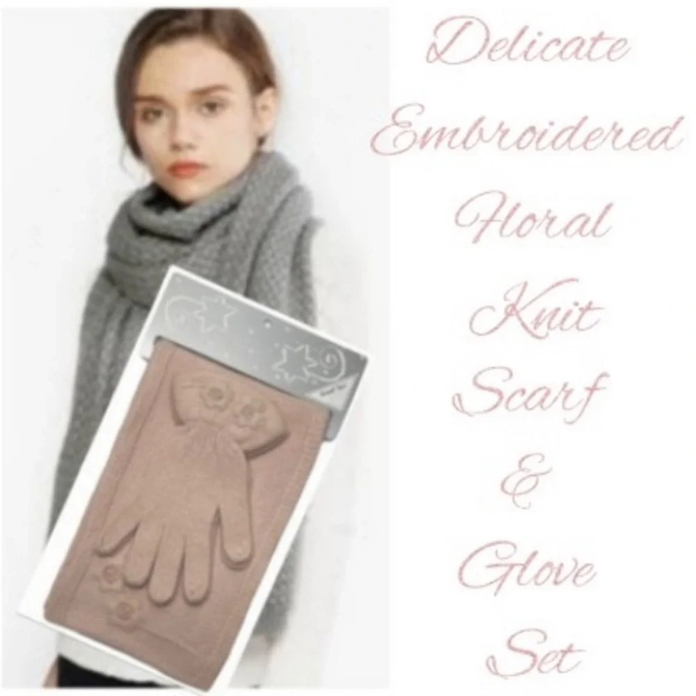 Floral Knit Scarf and Gloves Set Pink